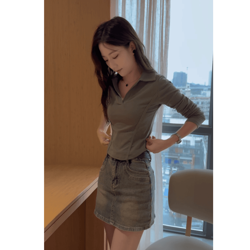 polo长袖百搭t恤女秋季2025新款正肩设计感小衫打底衫短款上衣 