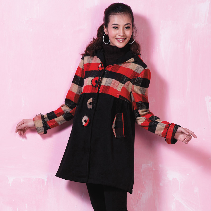 孕妇外套 冬装大衣 大码孕妇长款 格子毛呢厚料外套 连棉保暖外套