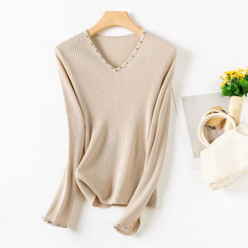TY/-新款V领名媛风钉珠坑条套衫*LZ 23202 米色
