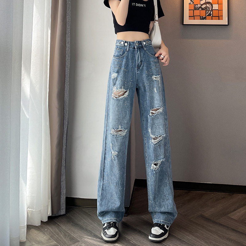 6633破洞牛仔裤女2024年夏季新款设计感重工烫钻高腰阔腿裤休闲裤