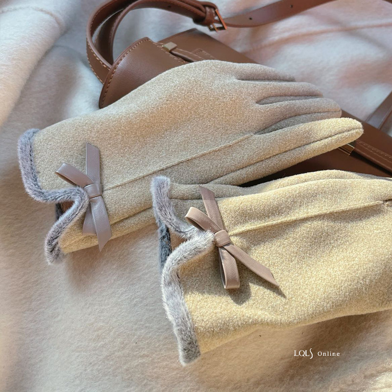 复古feel~温柔蝴蝶结冬季开车手套加厚士保暖骑行防风礼物毛茸茸
