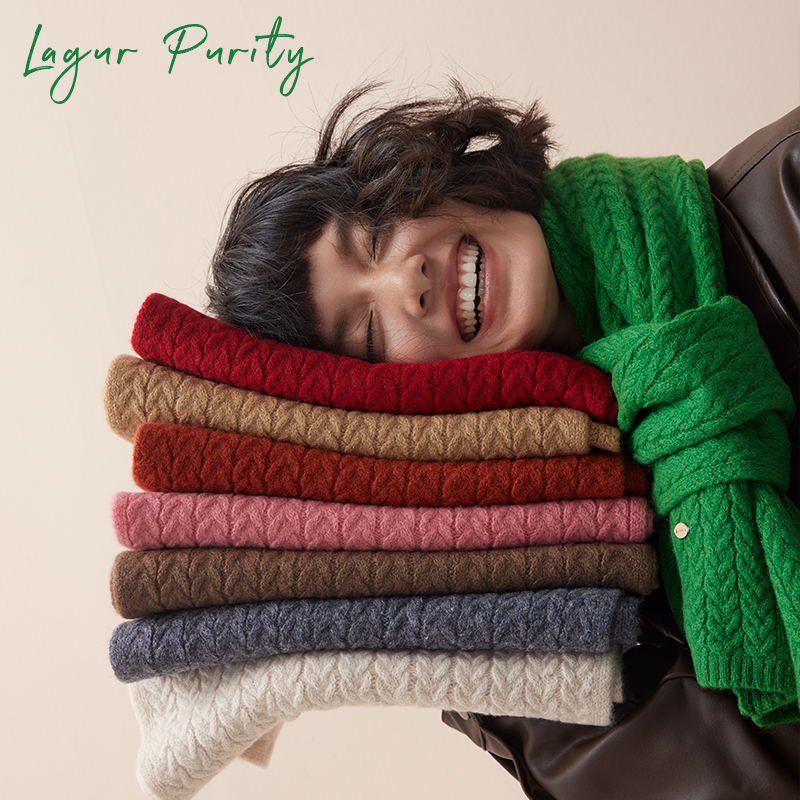 喜悦色系“丰收麦穗”100%美利奴羊毛加厚围巾围脖针织女冬季红色