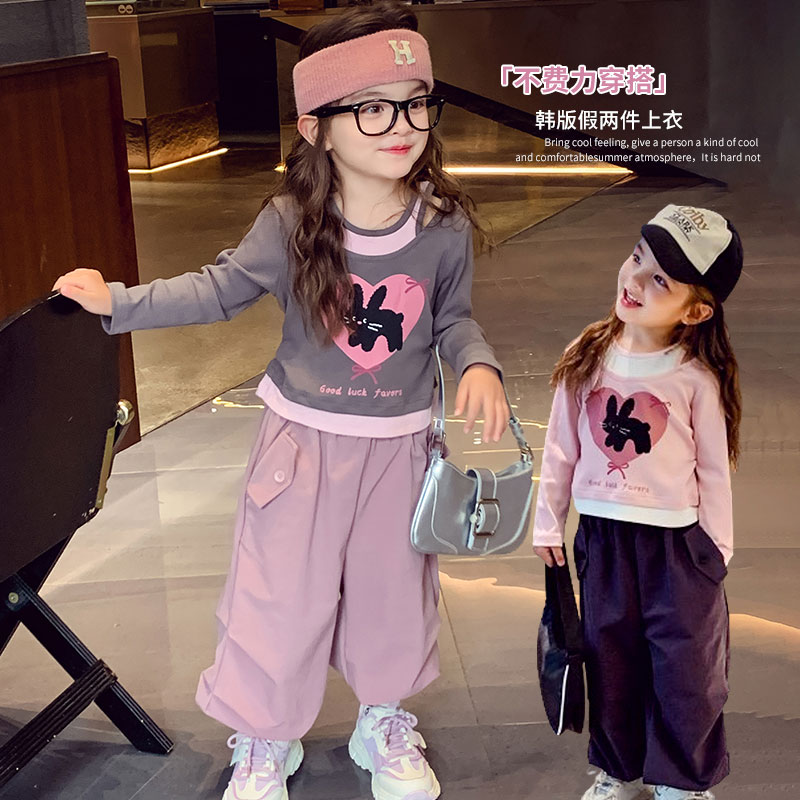 女童针织假两件t恤春秋季2025新款运动休闲韩版女孩时尚长袖上衣