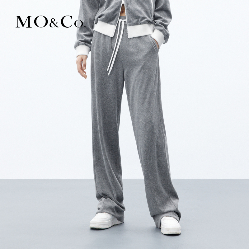 MOCO秋运动风抽绳高腰丝绒感直筒及地休闲裤MBC3PATK06