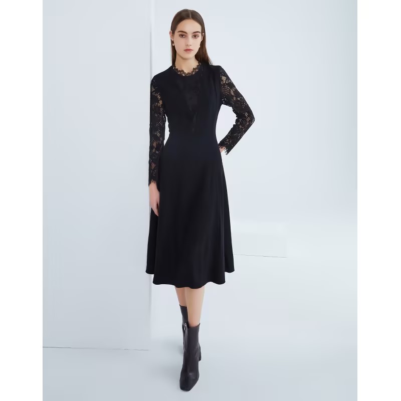 EITIE爱特爱商场同款镂空长袖拼接显瘦气质连衣裙黑色礼服6407121