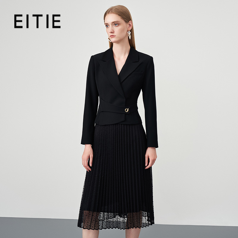 【轻职风】EITIE爱特爱秋季拼接长袖套装气质黑色西装连衣裙修身