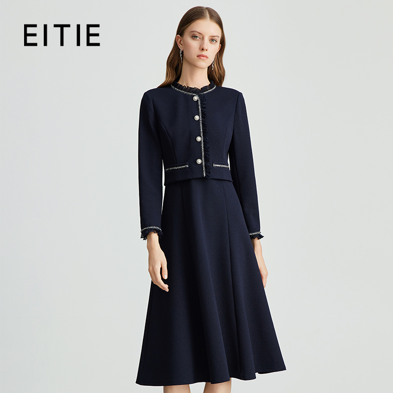 EITIE爱特爱春秋气质假两件秋冬高腰a字显瘦长袖连衣裙C2407406