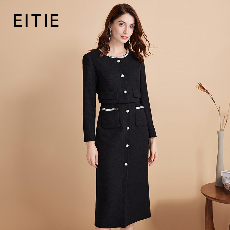 EITIE爱特爱优雅法式圆领假两件收腰显瘦连衣裙黑色礼服D2407409A