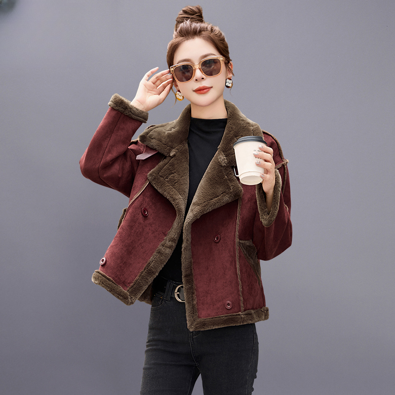 皮毛一体羊羔毛外套女冬2025新款鹿皮绒短款加绒加厚机车服夹克