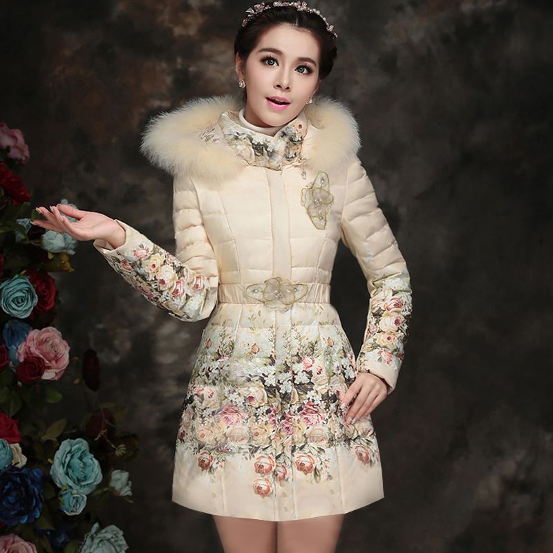 新款修身羽绒服女2024年小个子时尚带毛领印花冬季保暖中长款外套