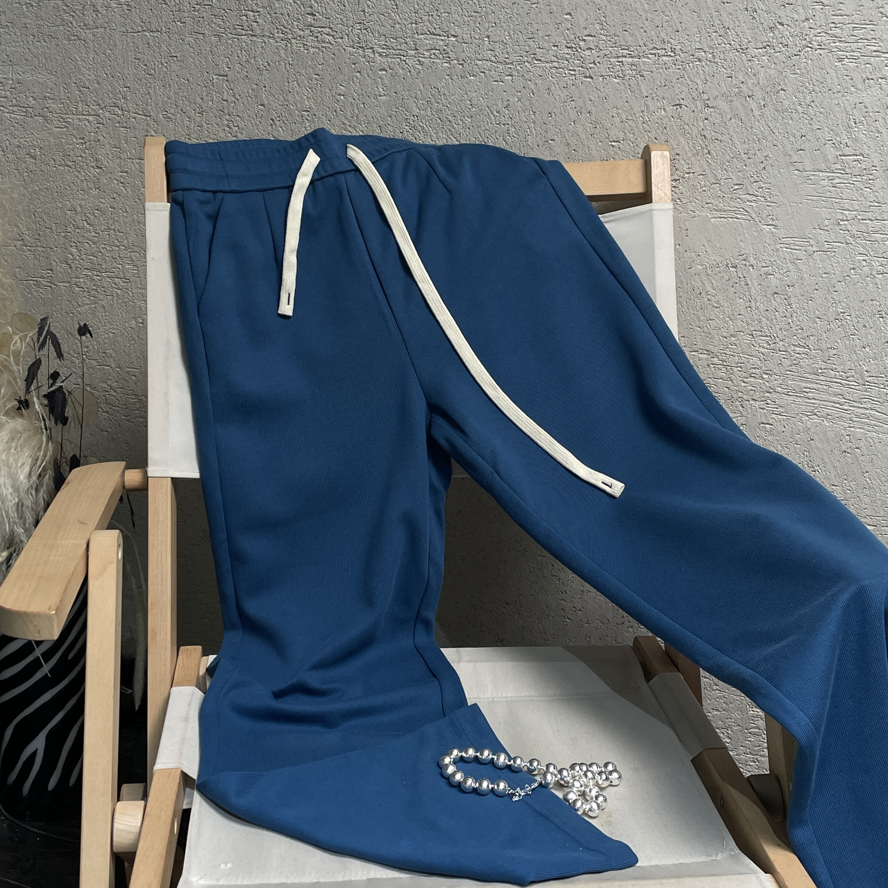 【 雨•美 推荐 】3380蓝色高腰百搭运动抽绳休闲裤