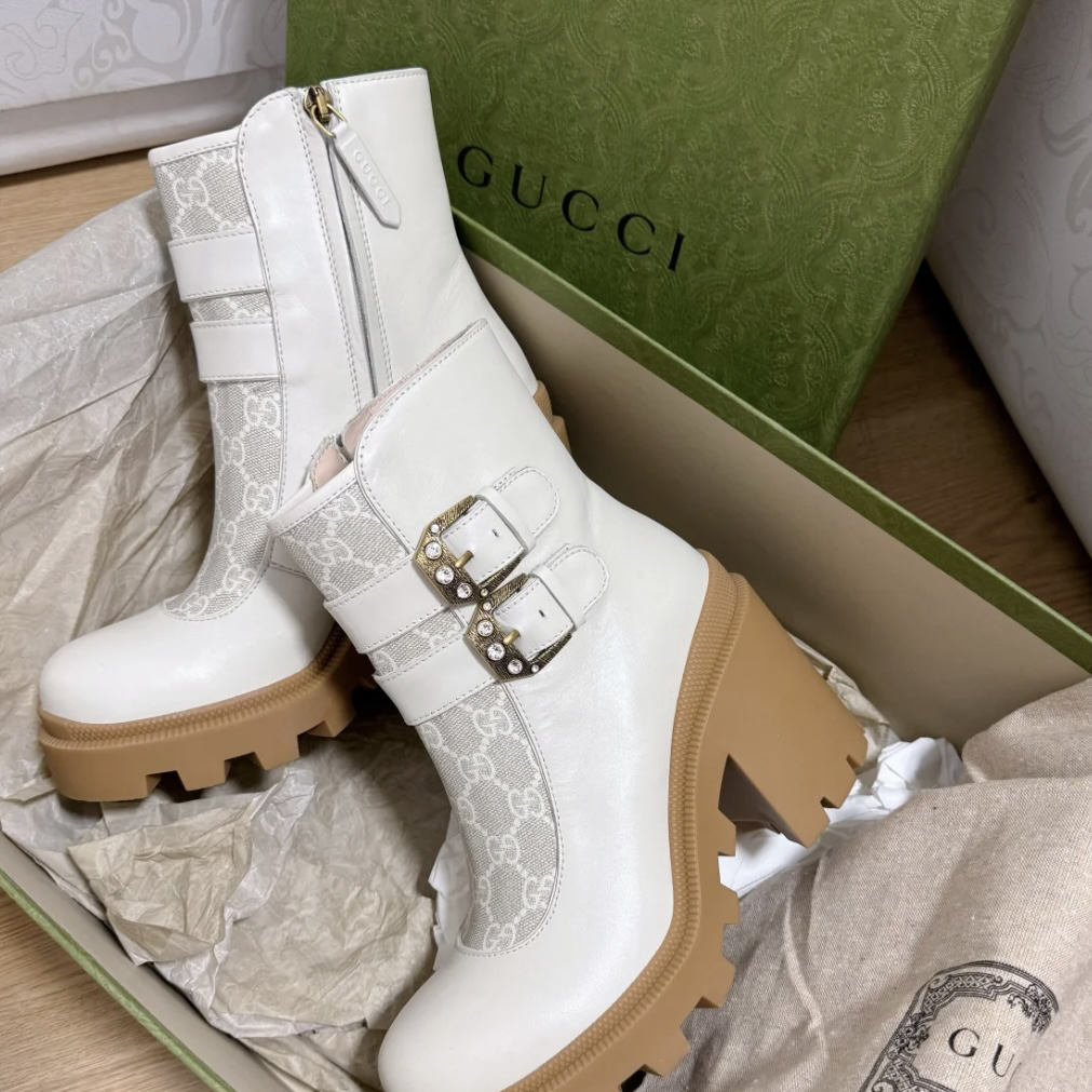 未使用 GUCCI/古驰 2591616全新带扣短靴带钻白色特卖款微暇