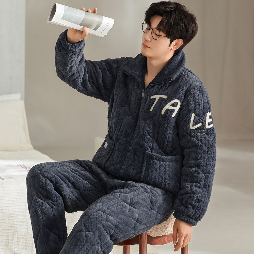 三层夹棉睡衣男可外穿超厚刺绣简约高级感冬季保暖男士家居服套装