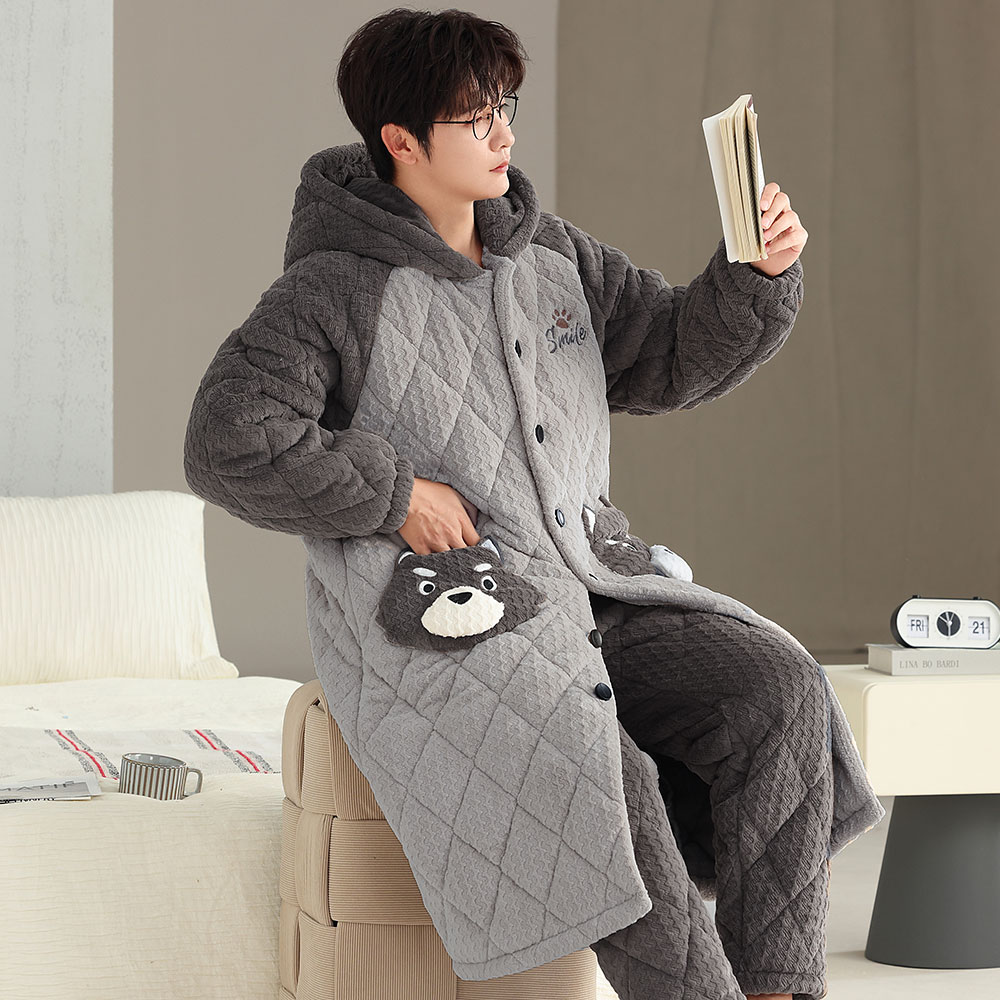 冬季巨厚三层夹棉睡衣加绒可外穿超长款可爱小狼狗男士家居服套装