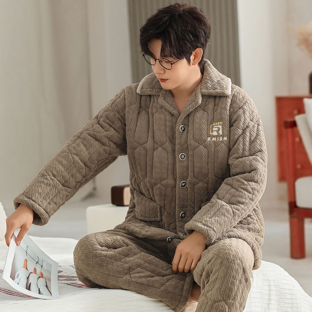 三层夹棉睡衣男超厚可外穿翻领刺绣质感冬季保暖男士家居服套装