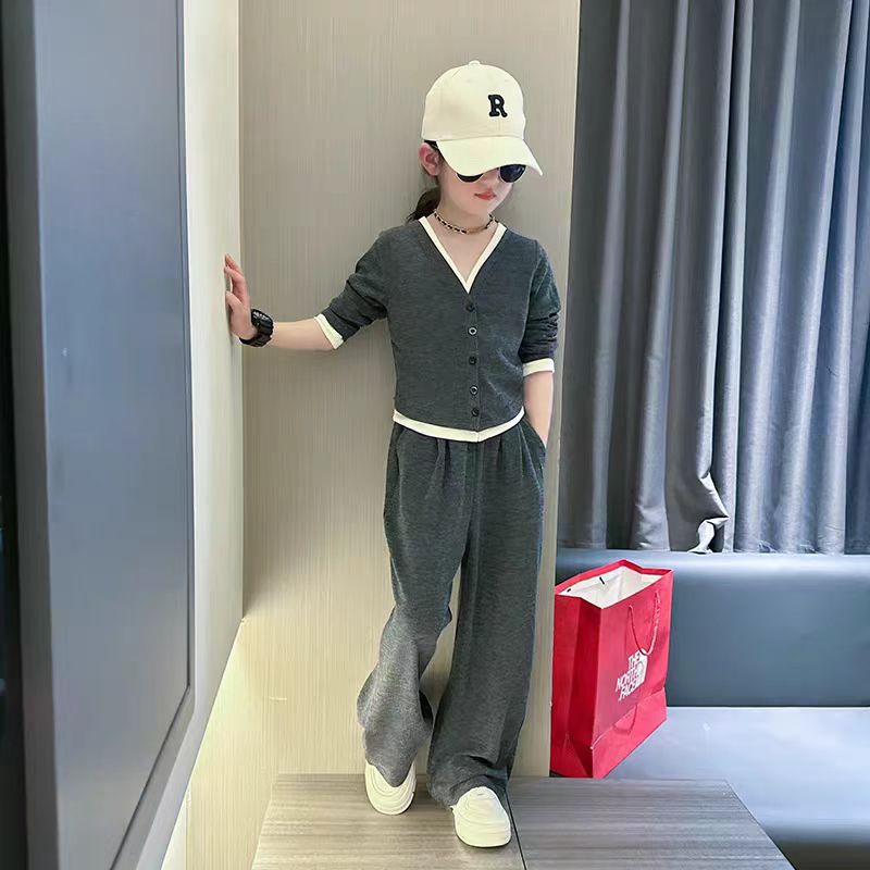女童秋季套装2025新款中大童假两件针织阔腿裤两件套女孩时髦秋装