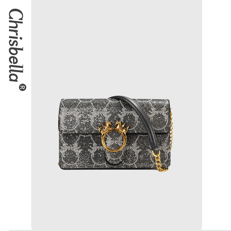 CHRISBELLA新款高级质感设计师款水钻飞马斜挎链条包