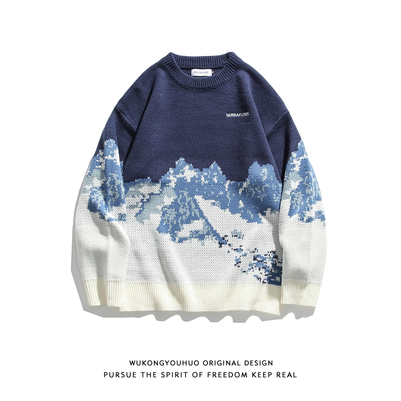 悟空有货ins原宿风雪山提花针织衫男潮牌宽松bf情侣百搭套头毛衣