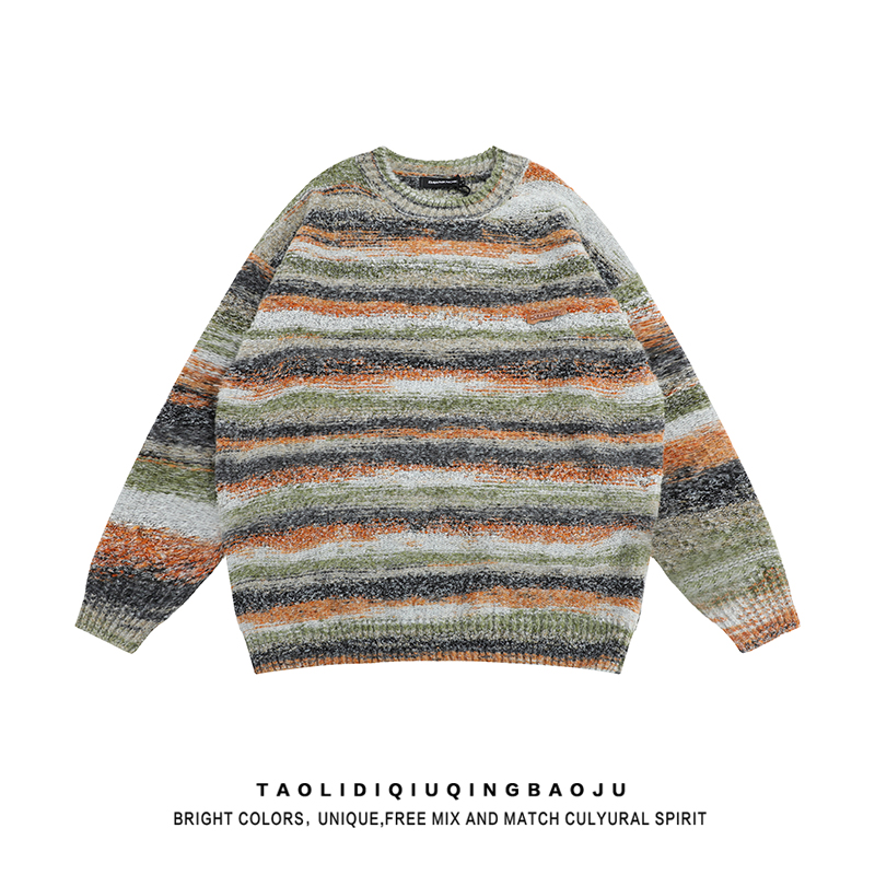 复古chic扎染条纹套头毛衣女秋冬季潮牌休闲情侣慵懒风长袖针织衫