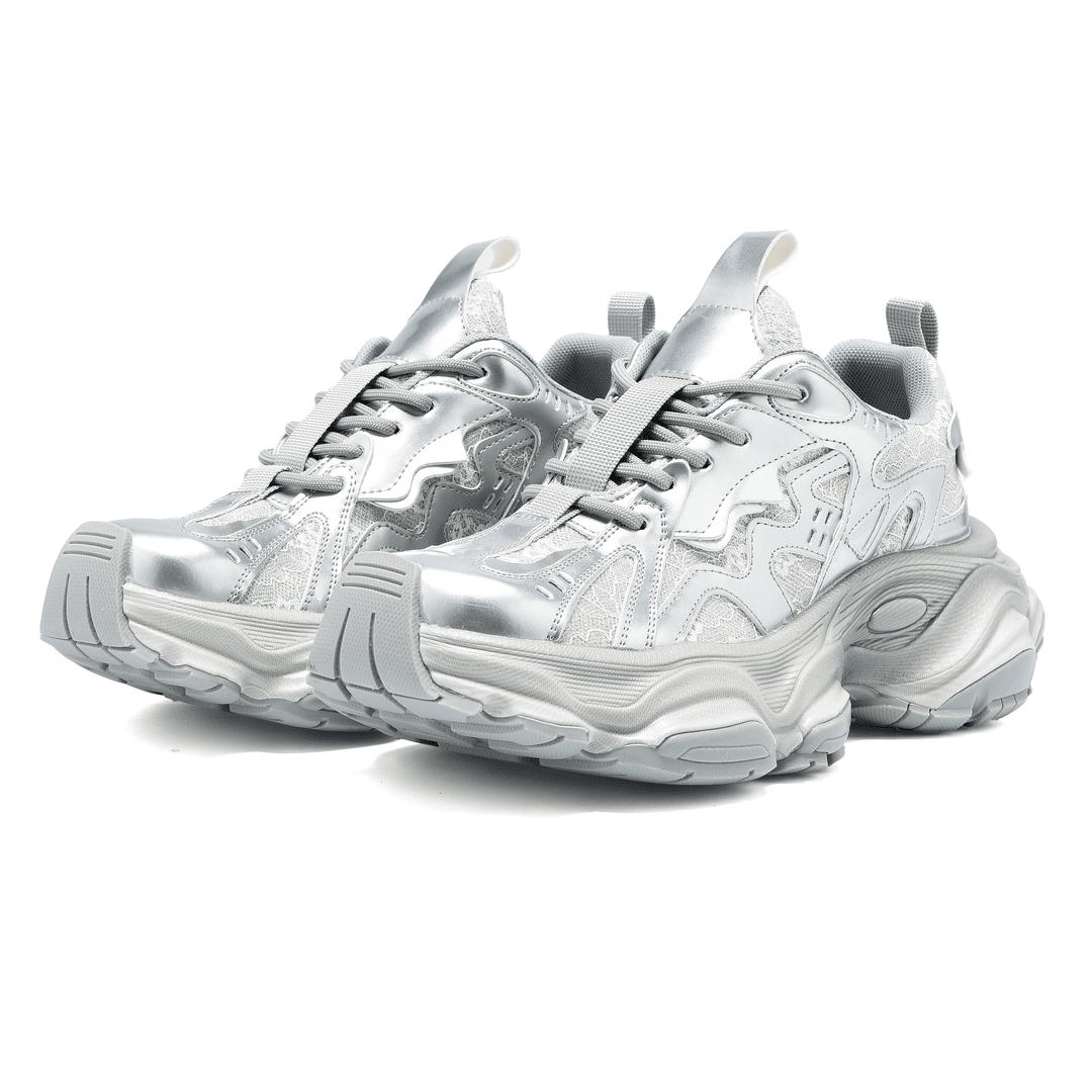 蕾丝厚底老爹鞋银色时尚百搭休闲鞋 小众款运动鞋休闲老爹鞋女款