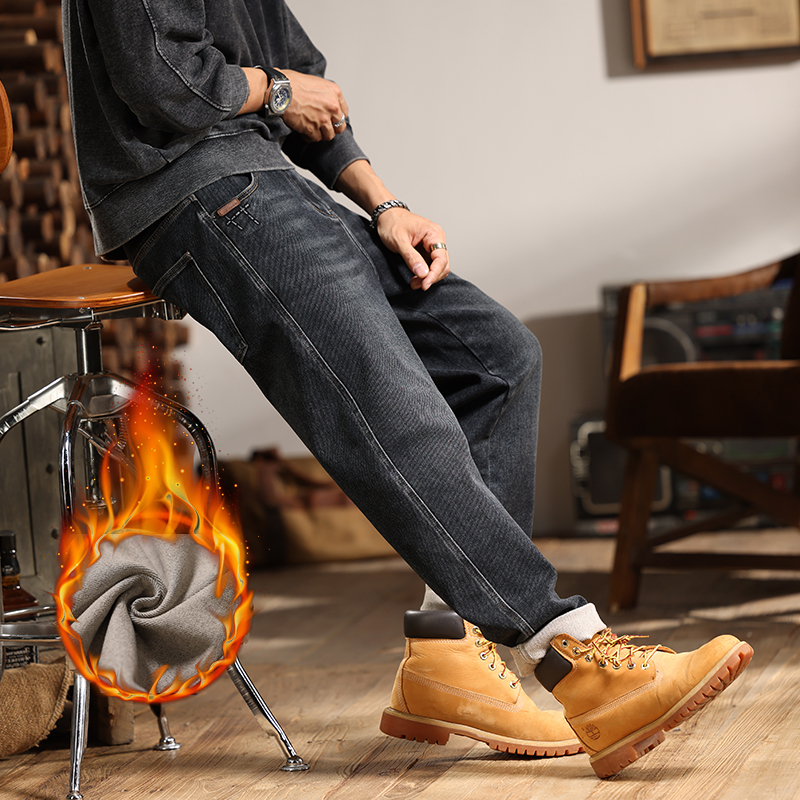 男士冬季抓绒加厚牛仔裤男子秋冬款宽松直筒弹力哈伦裤202年新款