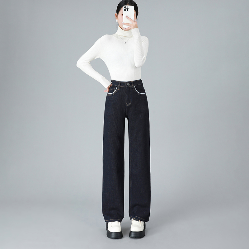 冬季女士窄版阔腿裤抓绒加厚牛仔裤子女宽松显瘦高腰直筒裤丹宁蓝