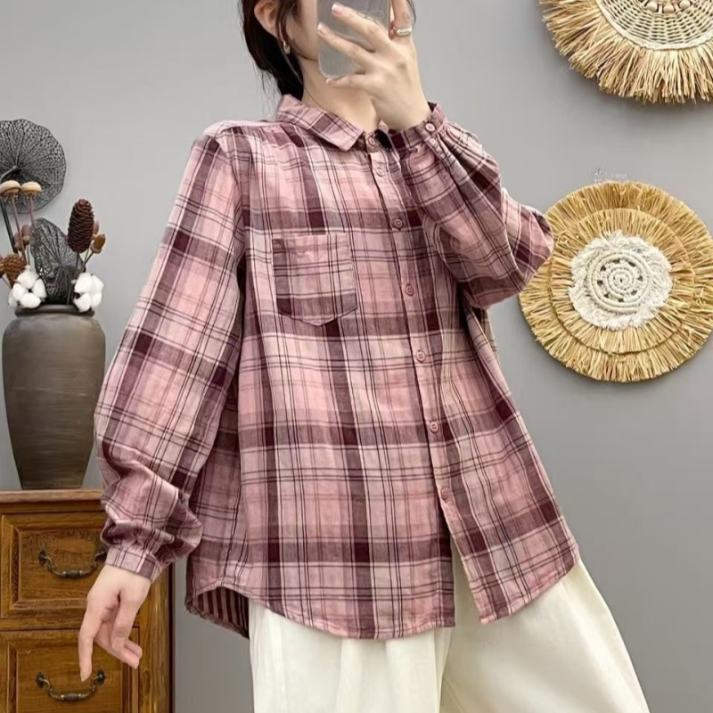 2025秋季新款格子衬衫女长袖宽松休闲百搭衬衣复古文艺范上衣2856