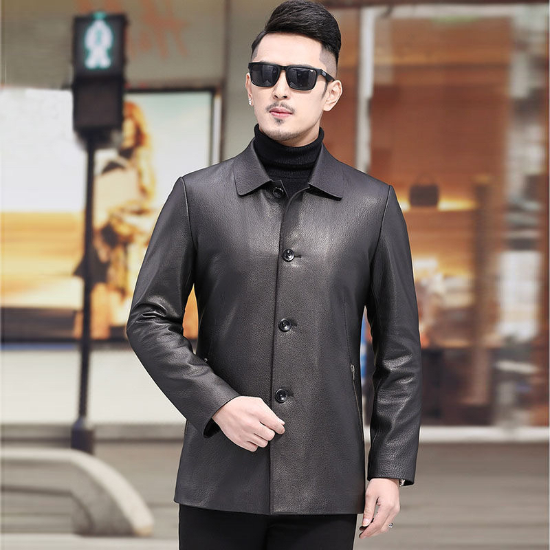 鹿皮平领纽扣商务男士真皮皮衣翻领秋季中年薄款春秋爸爸皮夹克