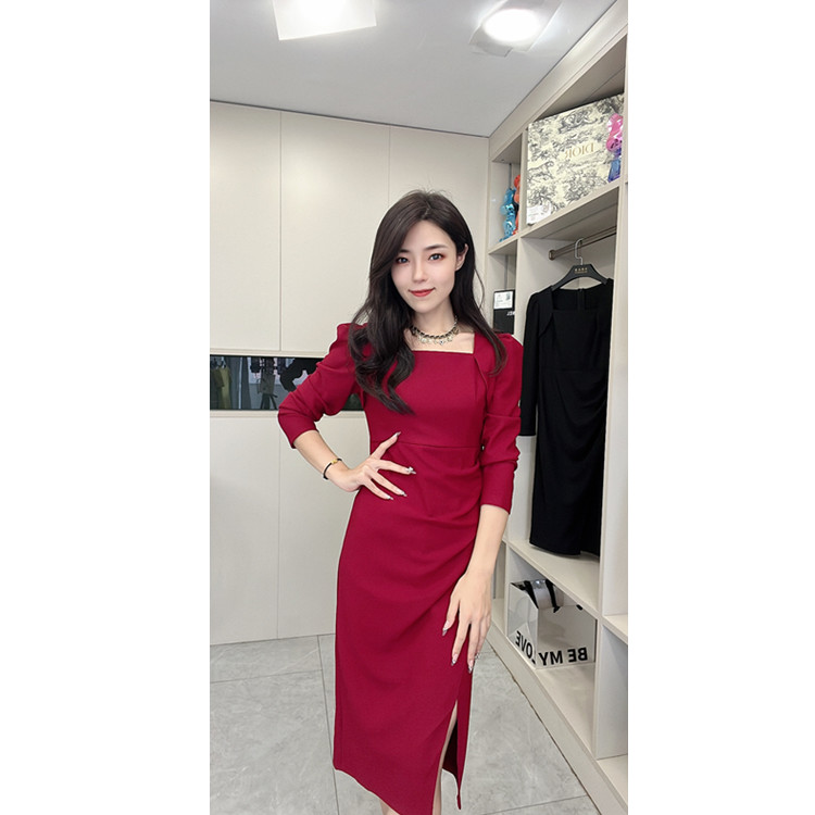  328-气质女神范方领泡泡袖显瘦包臀修身褶皱收腰性感开叉连衣裙