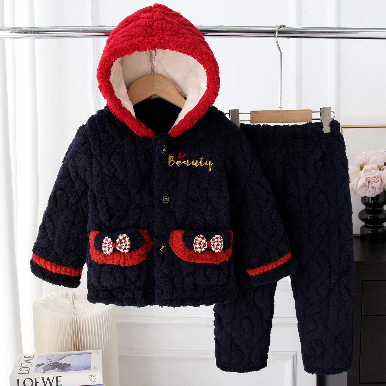 冬季女童带帽加厚保暖睡衣三层加绒法兰绒儿童公主宝宝夹绵套装