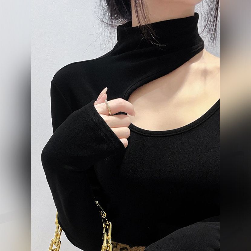 欧货薄绒高领打底衫女秋冬新款内搭洋气高级感镂空漏锁骨上衣长袖