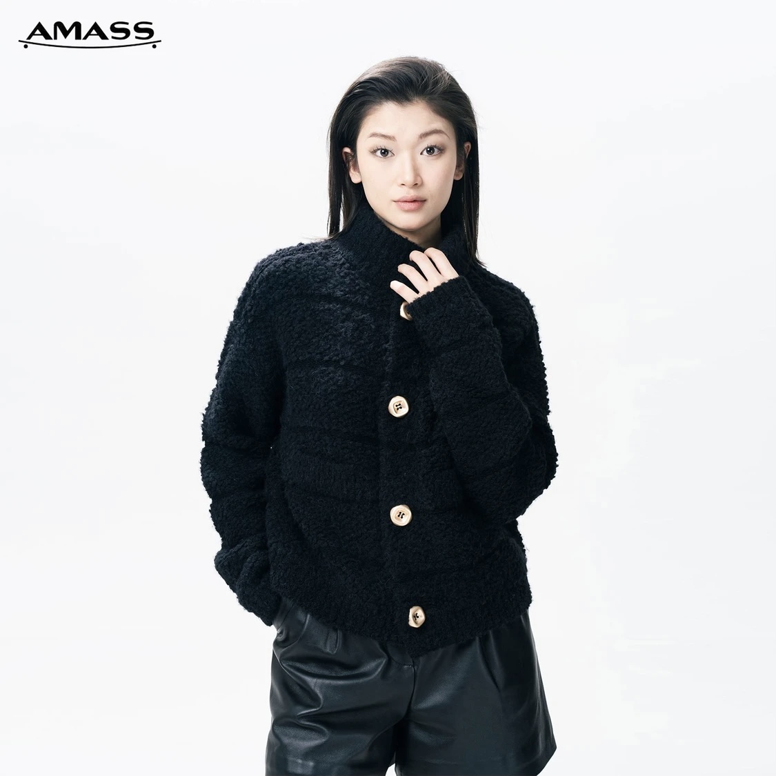 AMASS/阿玛施休闲宽松百搭时尚羊驼毛女士保暖外套黑色/5499153
