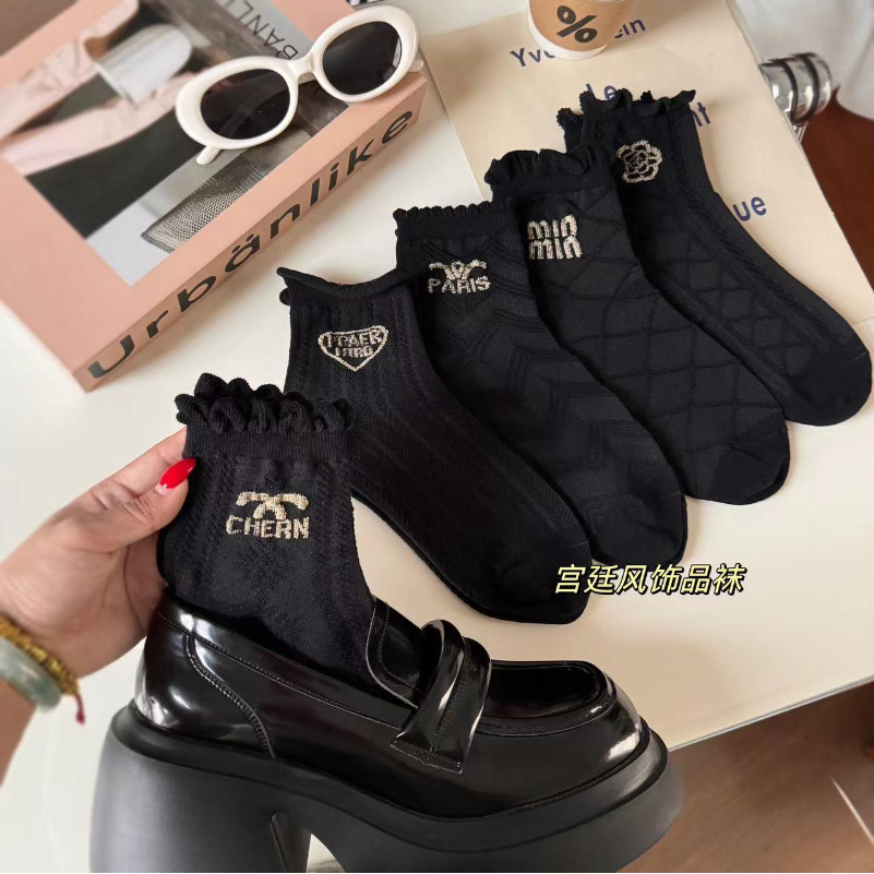 5双装甜飒风纯黑纯黑色女袜子短袜ins日系宫廷风夏季春夏百搭蕾丝