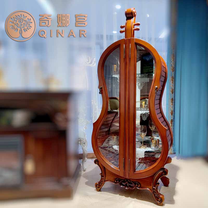 小提琴酒柜实木雕花玻璃双门客厅展示柜家用欧式美式摆件玄关双面