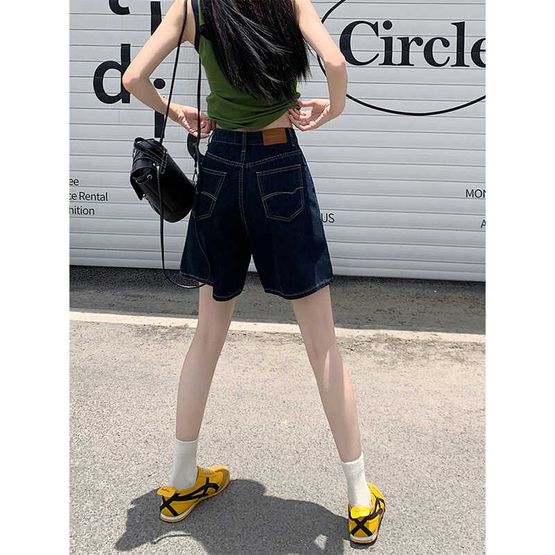 深蓝色复古牛仔短裤女夏季2025新款高腰显瘦宽松阔腿五分裤中裤潮