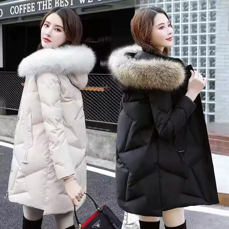 鸭鸭羽绒服女中长款2023冬新款时尚显瘦白鸭绒大毛领加厚保暖外套