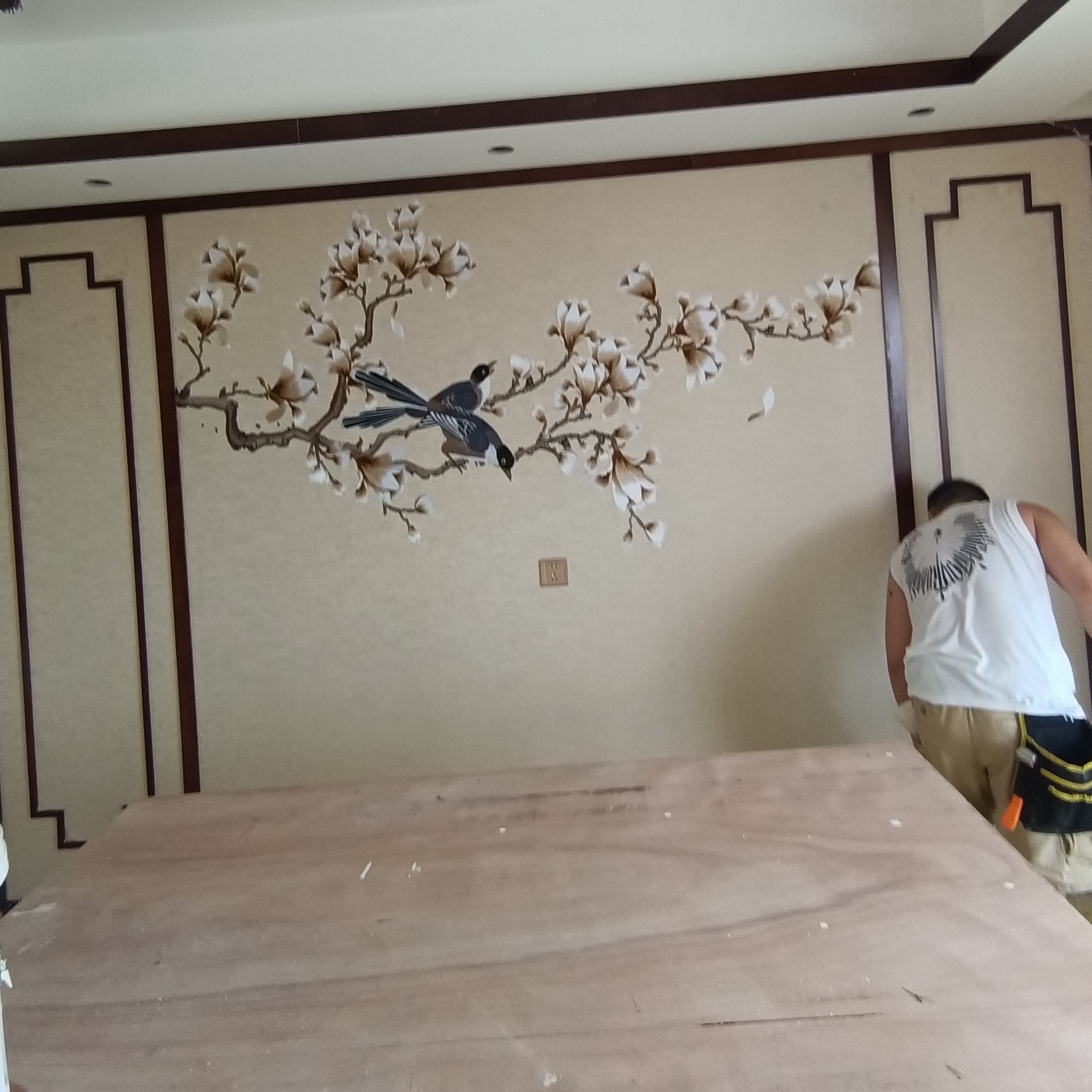 言绣心有所向独绣墙布新古典独花刺绣背景客厅卧室餐厅玉兰花鸟