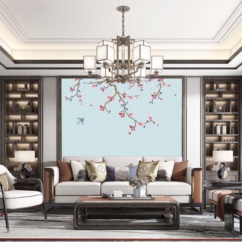 言绣玉兰花鸟美式现代简约中式刺绣独绣墙布沙发背景墙电视床头