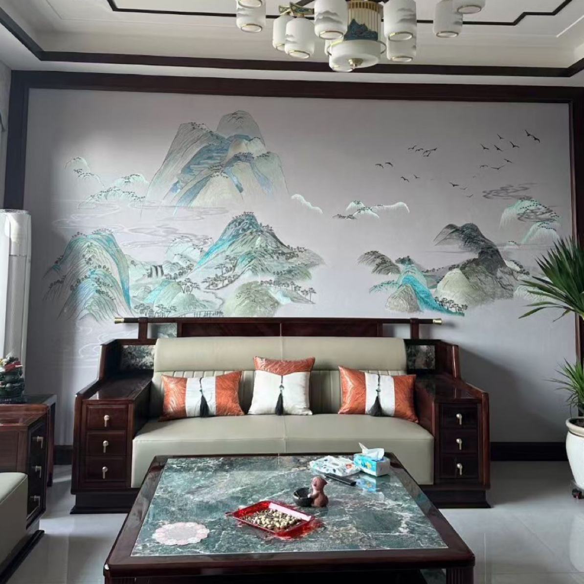 言绣无缝独绣刺绣壁布山水千里江山客厅沙发电视背景包辅料包施工