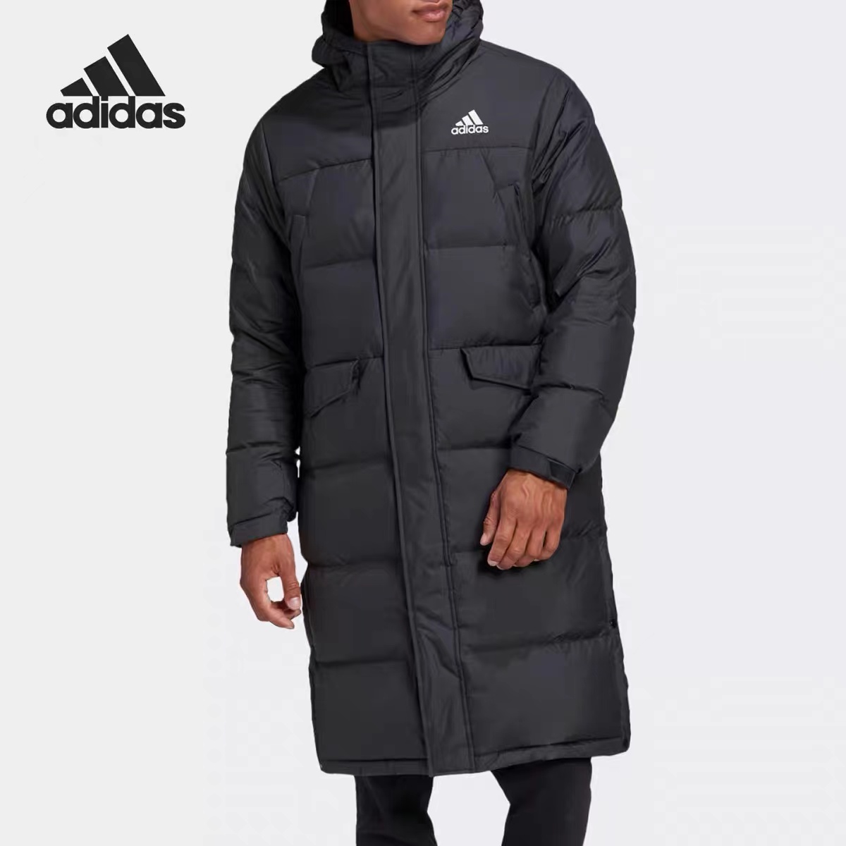 adidas/阿迪达斯男子舒适保暖连帽休闲运动中长款羽绒服