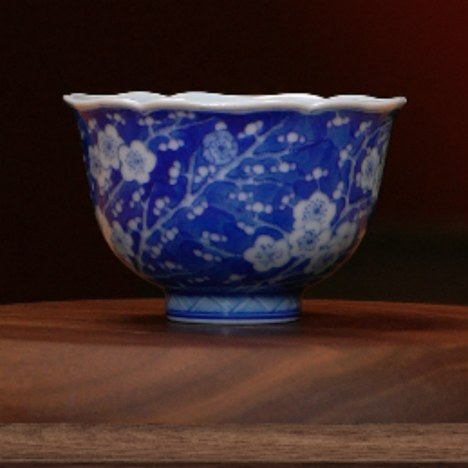 青花冰梅花口杯 花口盏纯手工手绘主人杯名窑釉下彩复古反青花