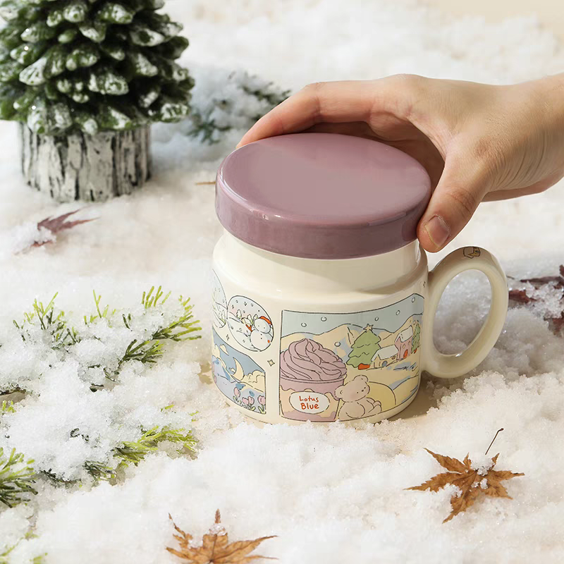 B224蓝莲花陶瓷盖杯杯子马克杯带盖办公室女生水杯可爱
