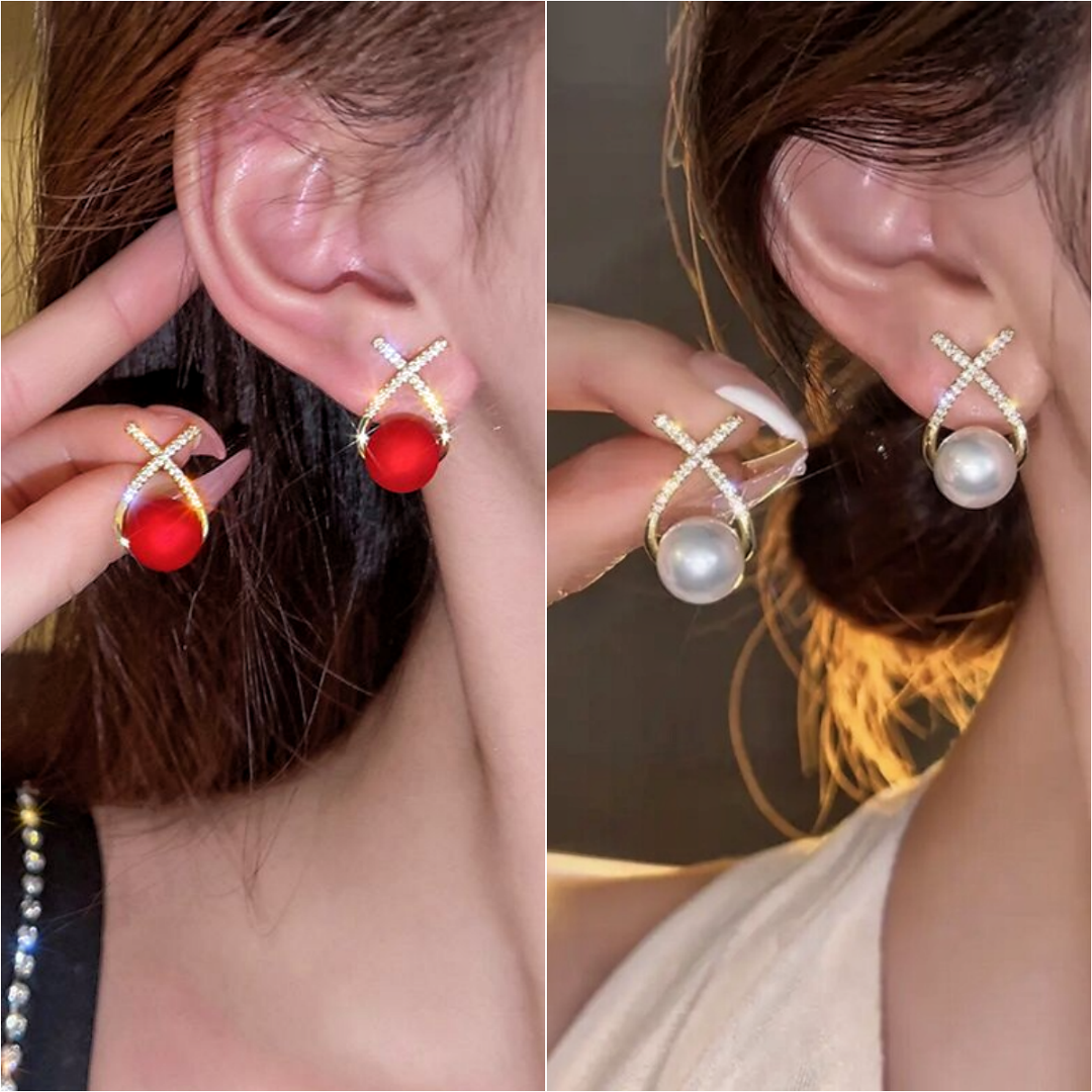 锌合金耳饰 红色喜庆过年款珠珠交叉小鱼耳环设计感8001