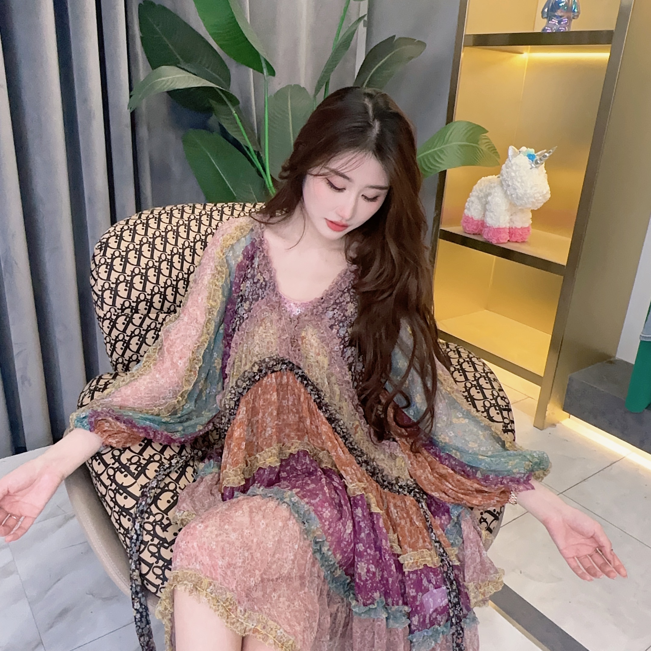 【乖瑶】时尚气质重磅真丝收腰春季夏季新款连衣裙 2481005