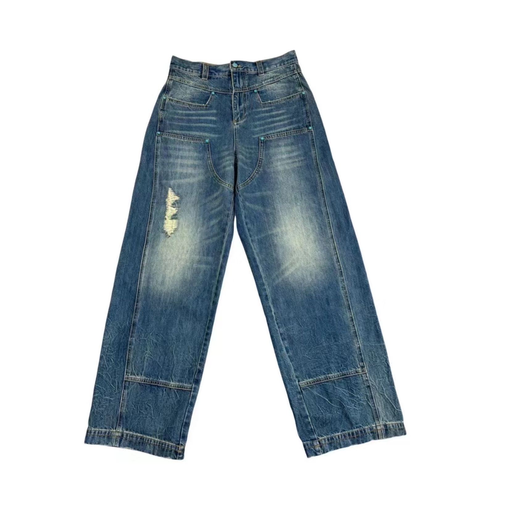 Fanshih 2025新品绿松石重磅复古伐木裤水洗破坏宽松牛仔长裤