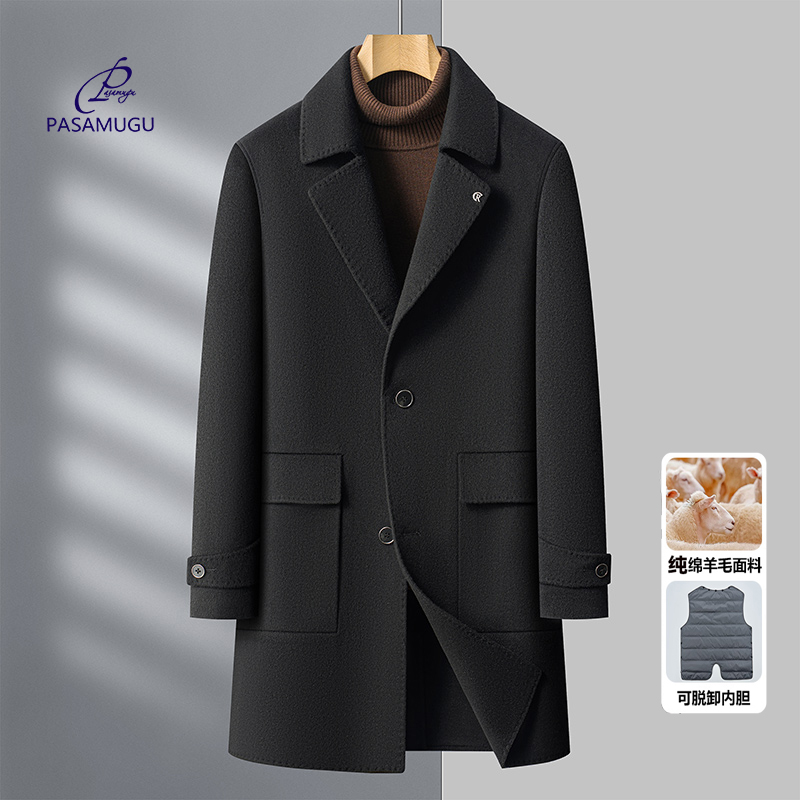 秋冬季新款纯绵羊毛男士商务休闲中长款大衣可脱卸内胆羊毛潮外套
