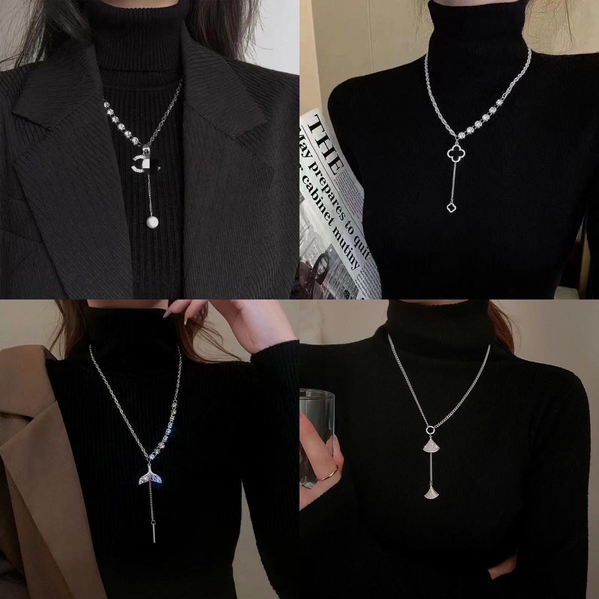 合金项链 2024年新款双C字母珍珠吊坠毛衣链轻奢秋冬毛衣链配饰