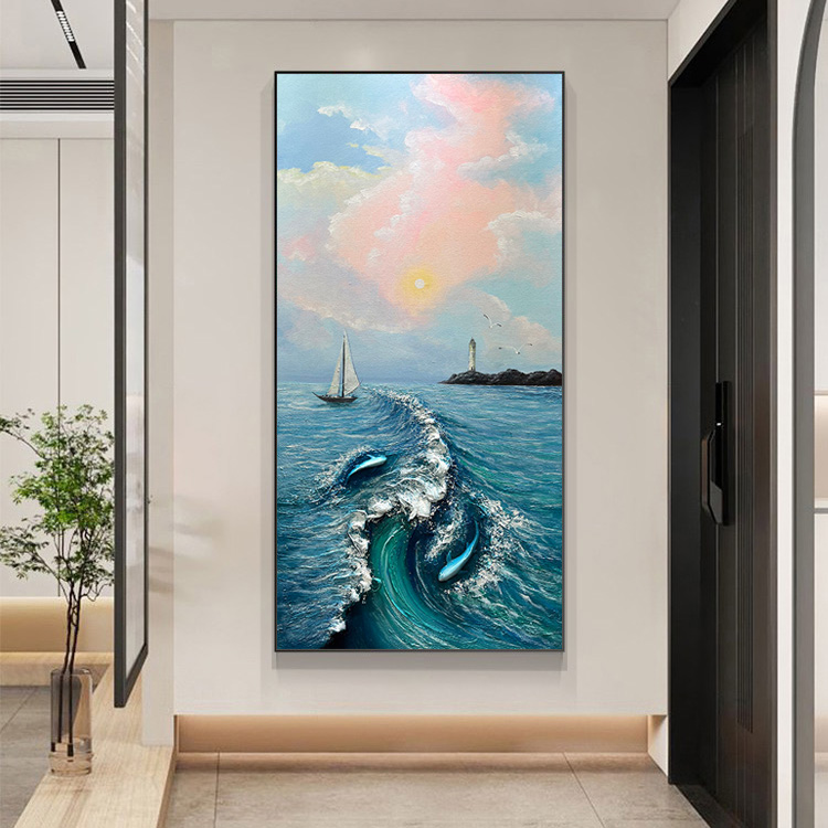 【海上日出】手工画海浪抽象浮雕质感立体玄关挂画现代背景墙装饰画