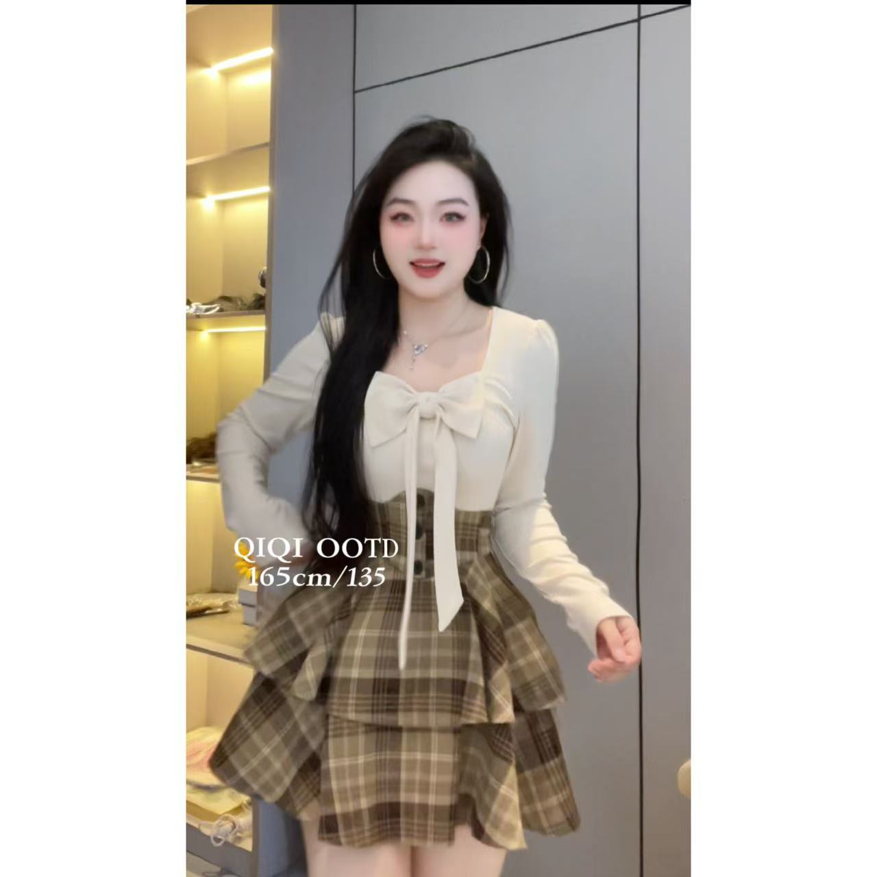 【燕麦拿铁】7395纯欲风鱼骨套装显瘦长袖蝴蝶结上衣