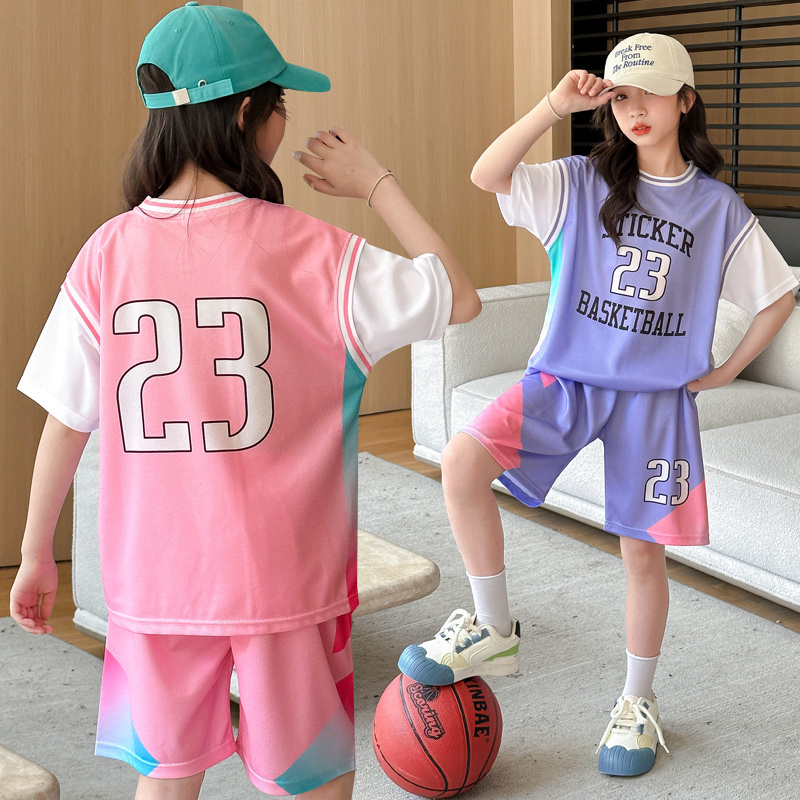 女童运动套装儿童夏季字母印花T恤短裤两件套初中学生洋气篮球服